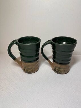 Handcrafted Green and Brown pottery Mugs - Set of 2. Large. Perfect coffee mugs!